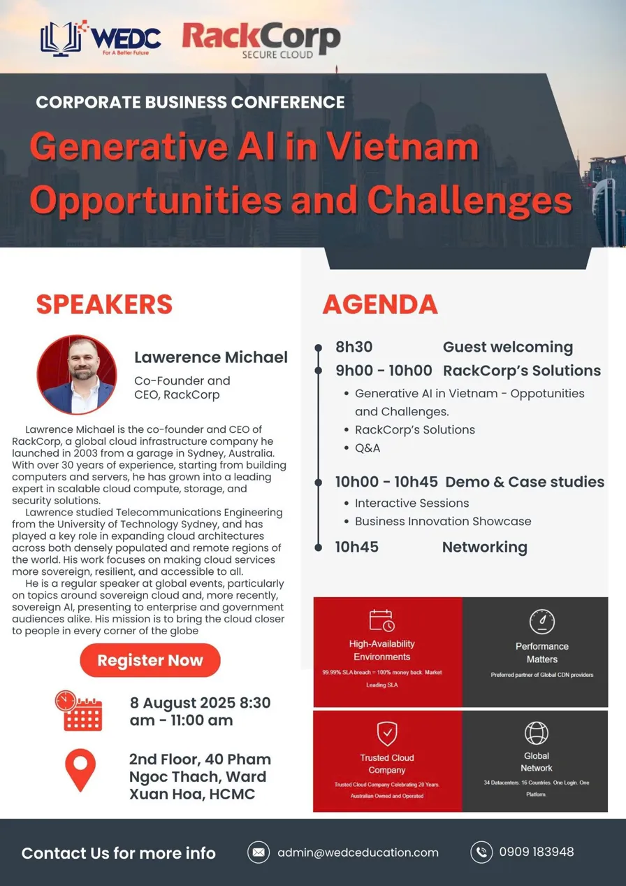 THƯ MỜI: HỘI THẢO DOANH NGHIỆP MIỄN PHÍ - GENERATIVE AI TẠI VIỆT NAM: CƠ HỘI & THÁCH THỨC
