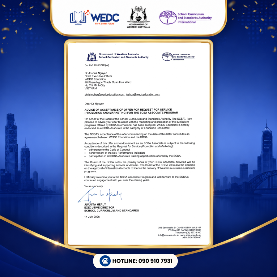 WEDC EDUCATION CHÍNH THỨC TRỞ THÀNH ĐẠI DIỆN TẠI VIỆT NAM ĐƯỢC CHỨNG NHẬN BỞI CHÍNH PHỦ TÂY ÚC
